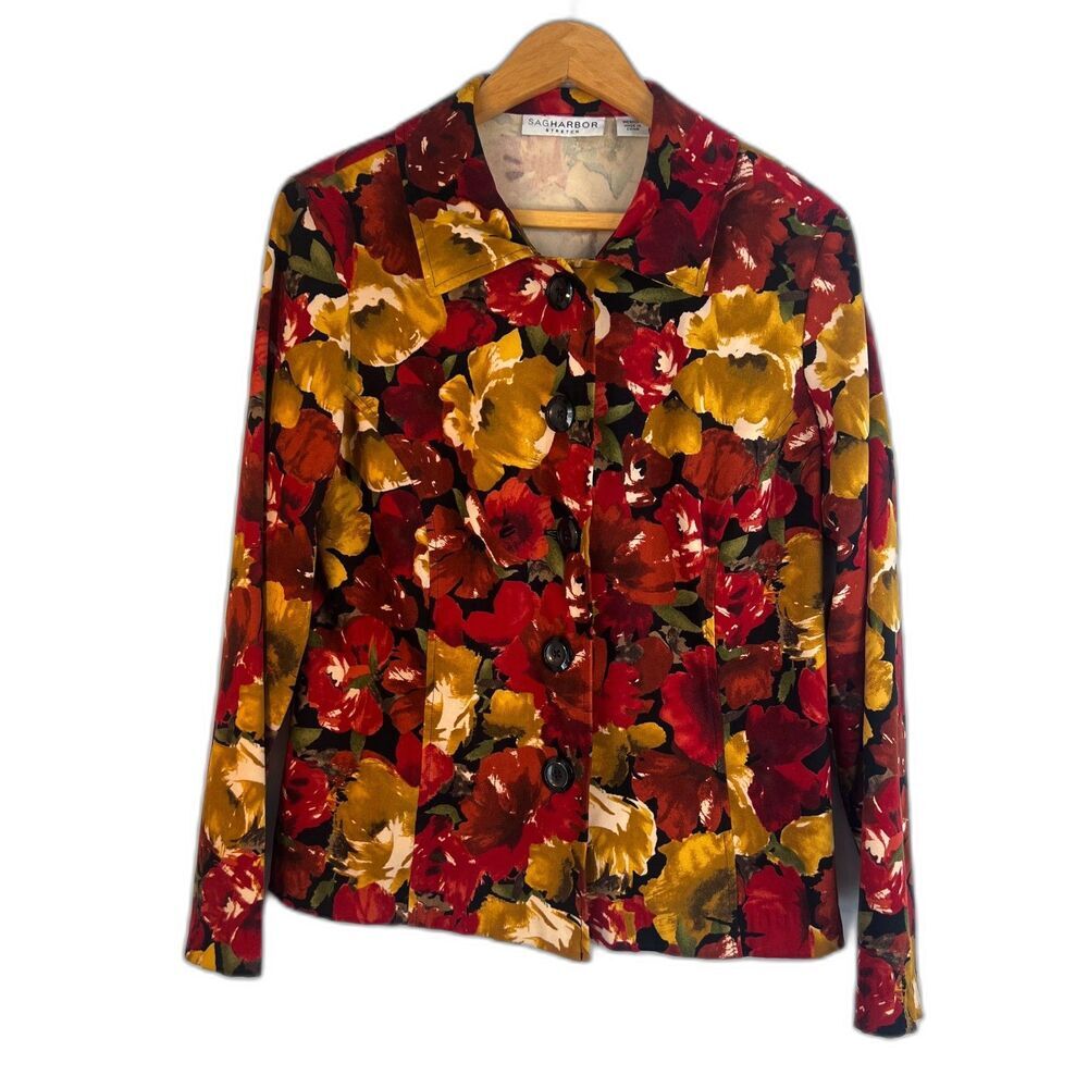 Sag Harbor Bright Maximal Floral Print Button Front Blouse Boho Garden Size MD